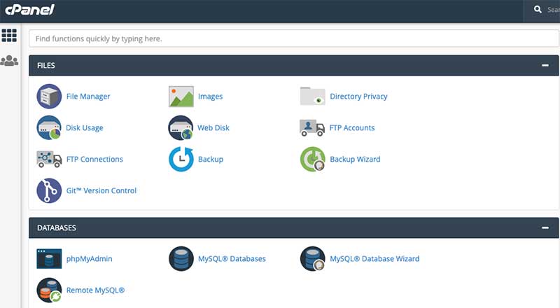 Interface after signing in to cPanel hosting